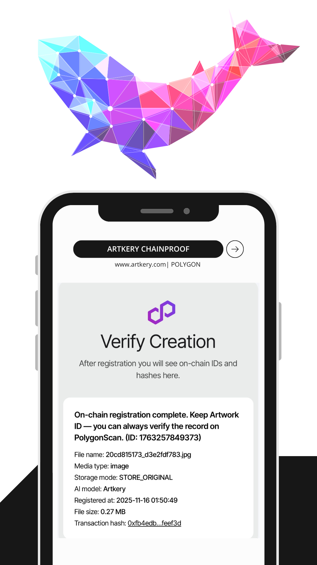 Dashboard showing blockchain registration